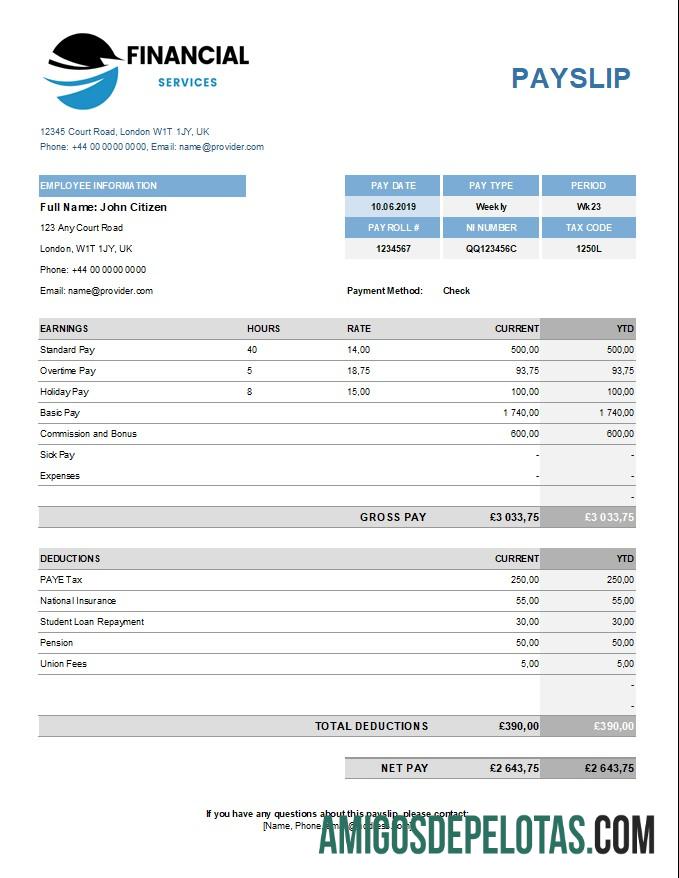 Em branco Modelo de recibo de pagamento de serviços financeiros em formatos Excel e PDF